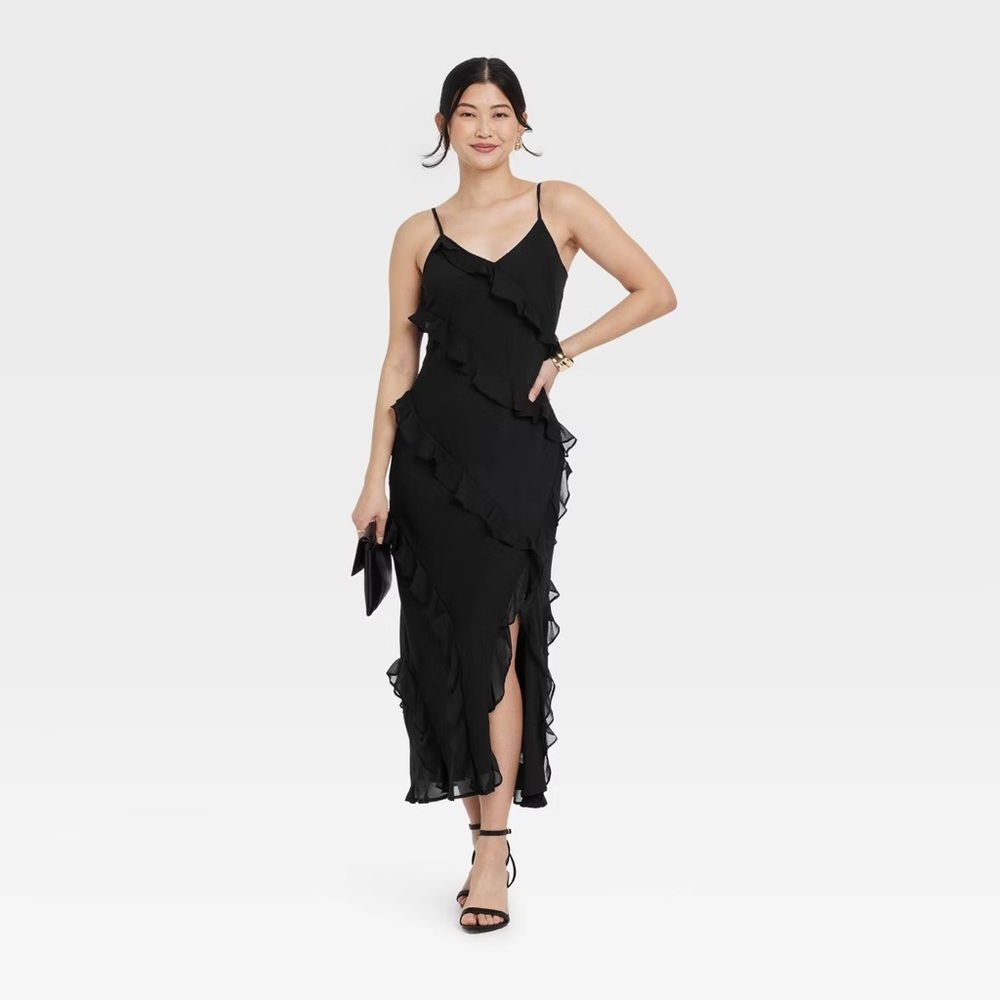 NEW Black Ruffle Maxi Slip Dress